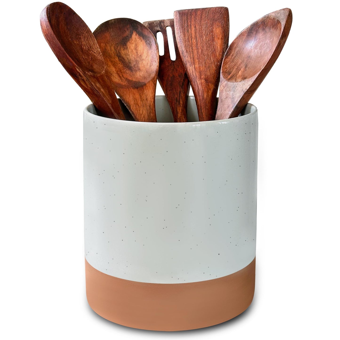 Mora Ceramic Kitchen Utensil Holder - Wooden Spoon & Spatula Crock for Countertop, Modern Farmhouse Home Decor, Extra Large 7.3" Cooking Organizer for Stove Top and Counter - Heavy & Sturdy - Grey