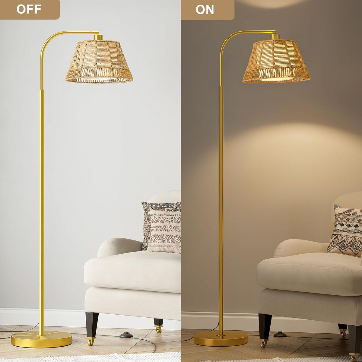 Oneach Arc Floor Lamp for Living Room with 3 Color Temperatures, Farmhouse Floor Lamps with Remote & Dimmable Bulb, Rattan Boho Floor Lamp with Hand-Woven Wicker & Fabric Shade