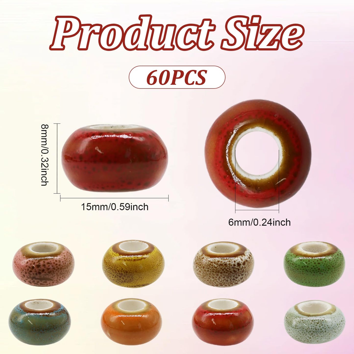 Decoendiy 60Pcs Large Hole Ceramic European Beads - Flat Round Shaped Spacers, Handmade Polished Porcelain for DIY Necklaces Bracelets Crafts Supplies