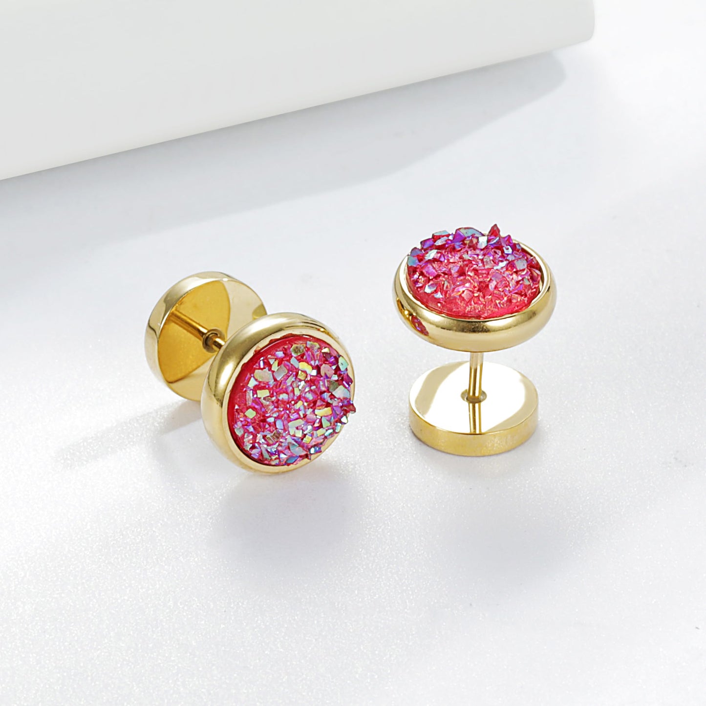 Women Men Flat Back Stud Earrings Non-Nickel Crystal Stone Earrings Titanium Stainless Steel Hypoallergenic Cartilage Earrings Stud for Sensitive Ears(Pink-gold)