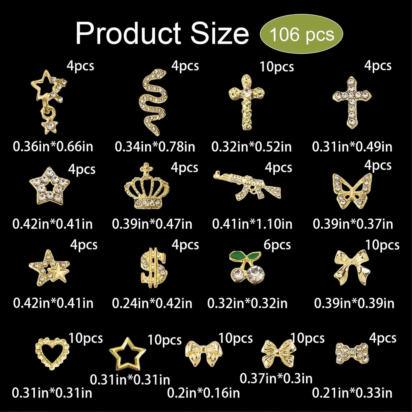 KINGNAME 106Pcs 3D Gold Nail Charms, Luxury Bling Snake Bow Butterfly Jewels, Y2K Glam Rhinestone Art Accessories for DIY Acrylic Nails