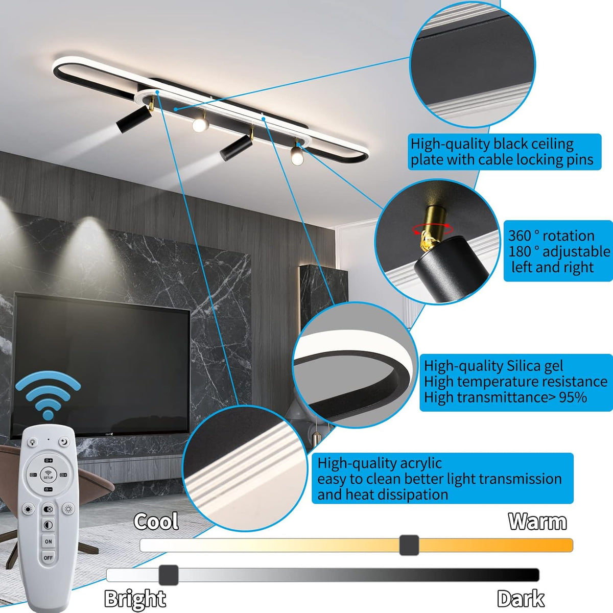 Modern LED Ceiling Light 6-Light track light Spotlight Frosted Black Geometric Ceiling Light Lighting Fixture Dimmable Remote Control Living Bedroom Kitchen Dining Room Fixture