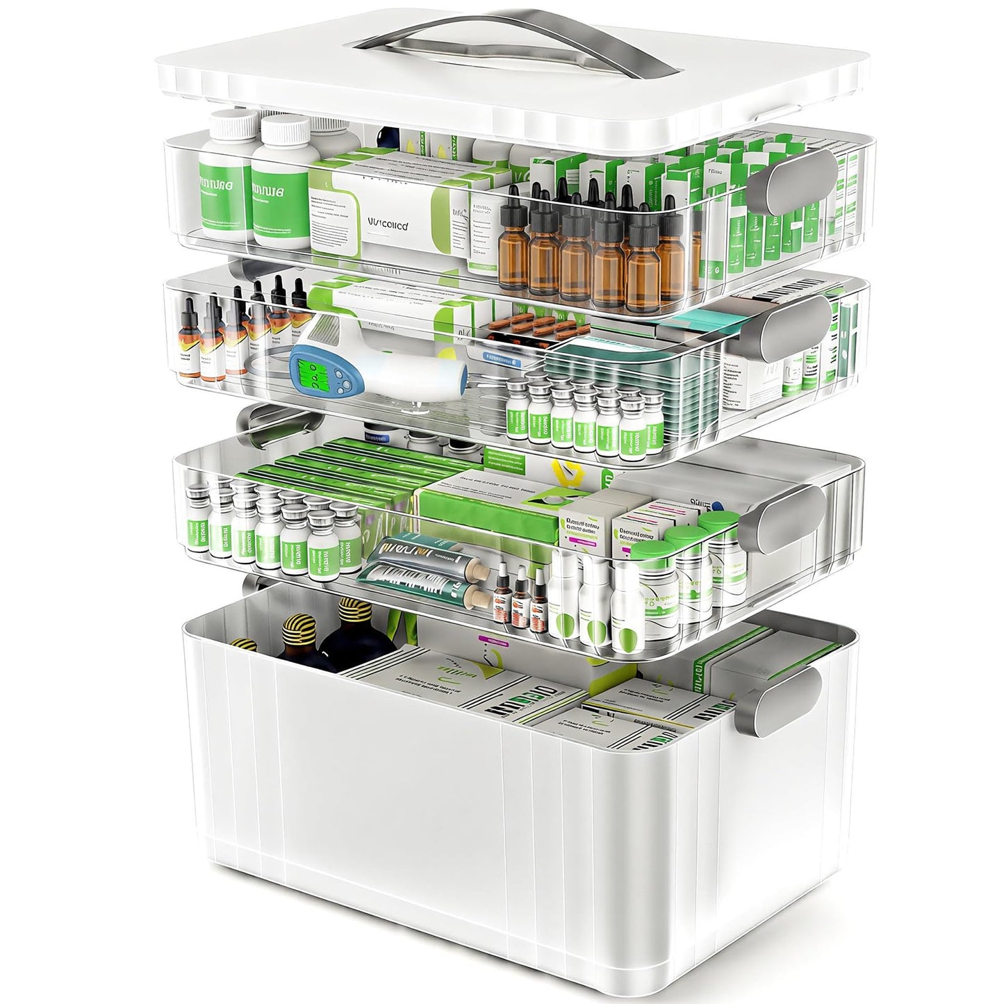 ARSTPEOE 4-Tier Medicine Organizer - Portable Medicine Cabinet with Plastic Handle, Multipurpose Medical Box, Empty First Aid Kit for Home