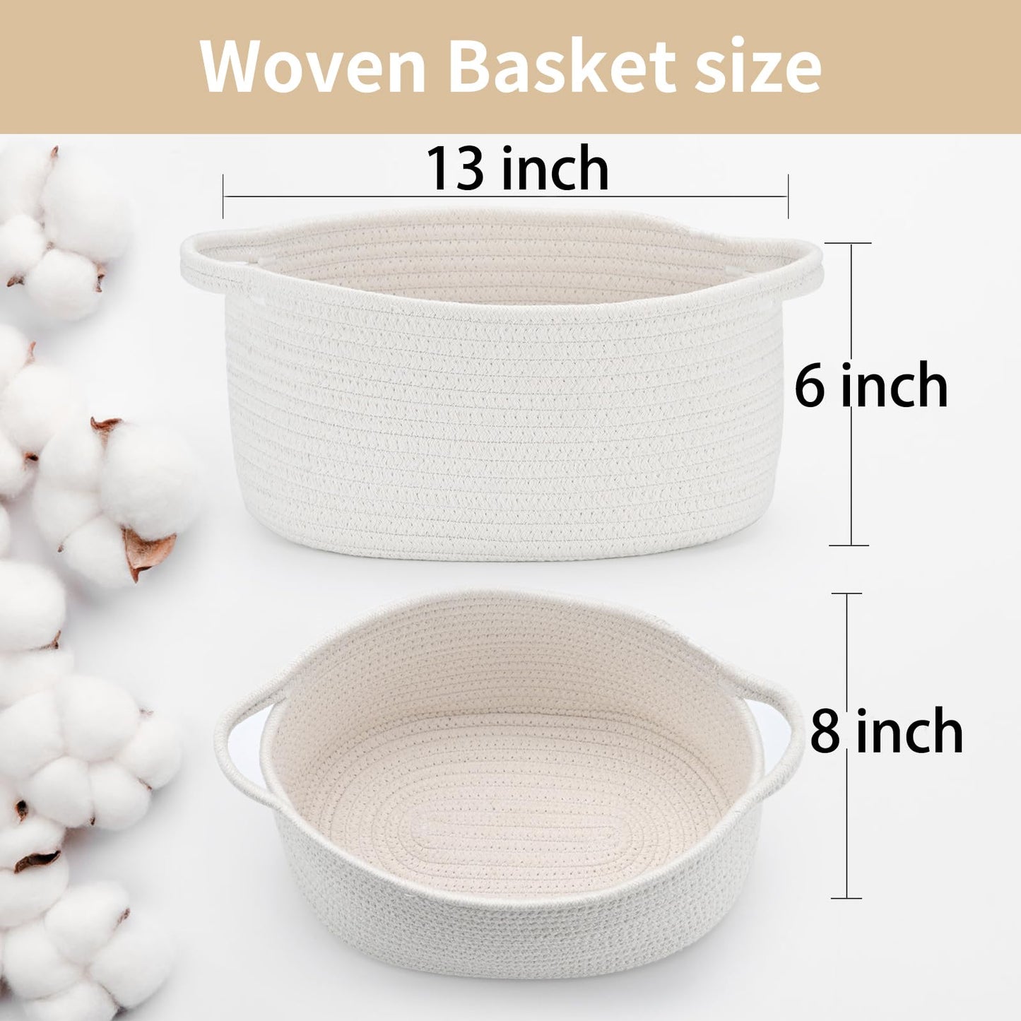 Happyiren Cute Woven Cotton Rope Basket with Handle Empty Decorative Gift Basket for Baby Shower, Graduation, Mother's Day, Nursery Storage 13" Dia x 6" H