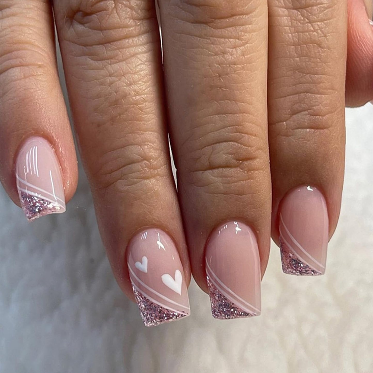 Puyokinm Press-on Nails, 24Pcs Pink Glitter Square, Medium False Nails with Jelly Glue, Full Cover, Acrylic ABS, Art Deco Style for Women Manicure