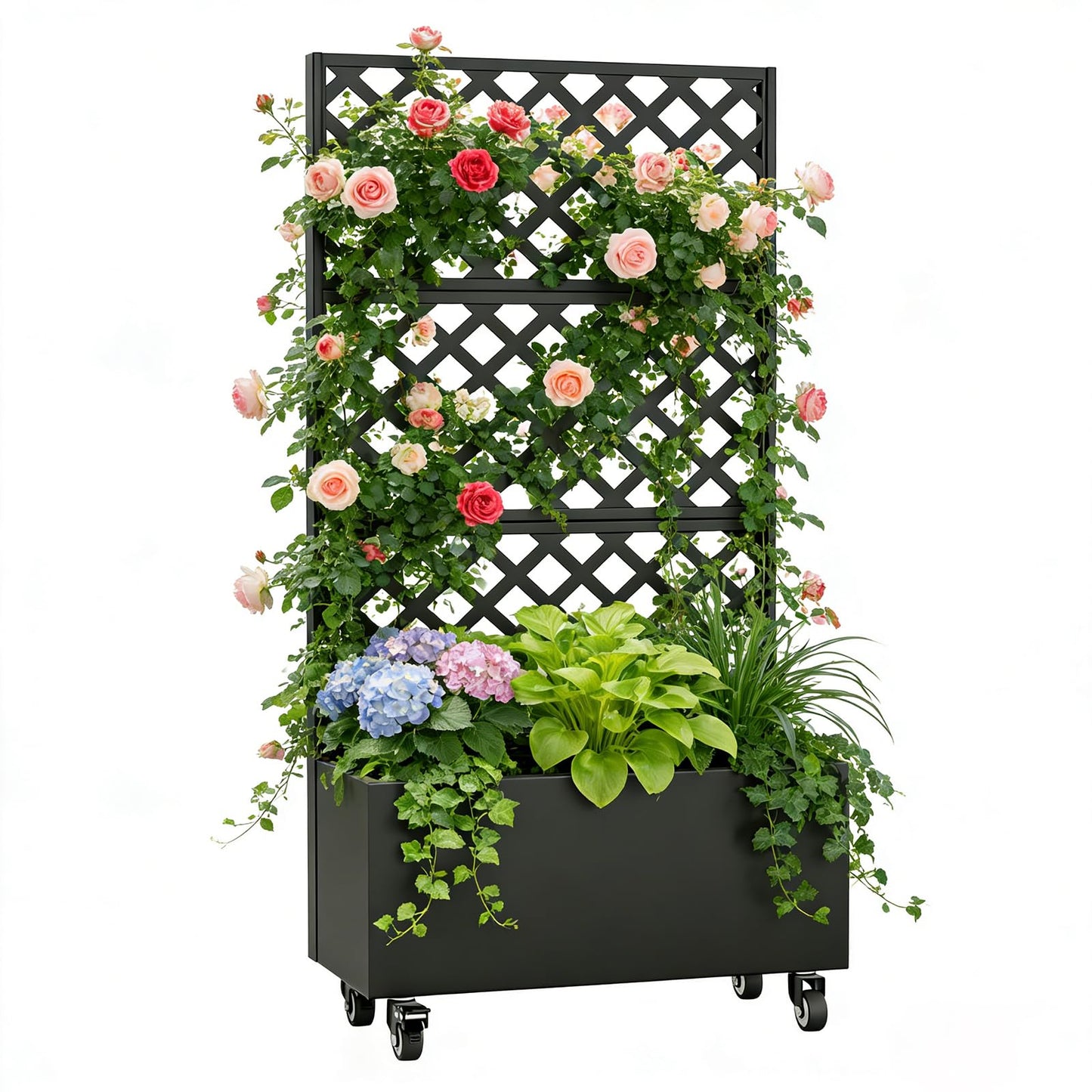 Riflevault 72" Planter Box with Trellis & Wheels, Planter Boxes Outdoor with Drainage Hole for Climbing Plants, Raised Planter with Privacy Screen, Black