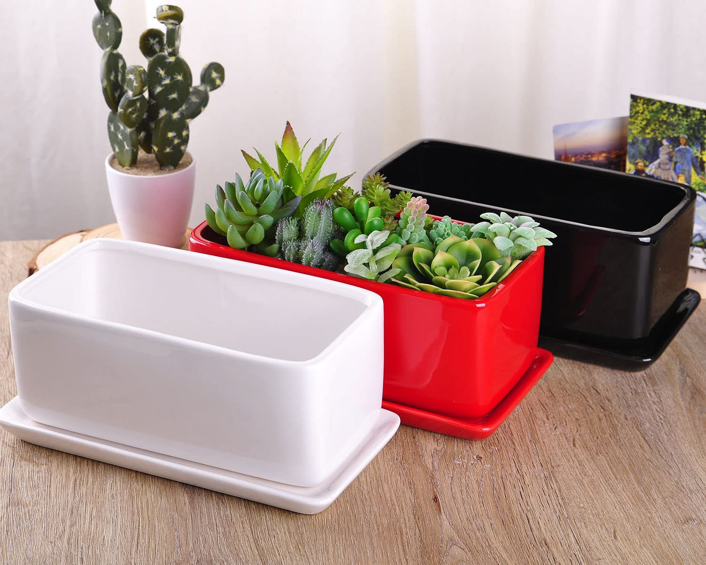 VanEnjoy 10 Inch White Rectangle Ceramic Succulent Planter Pot Decorative Cactus Plant Pot Flower Container with Ceramic Tray