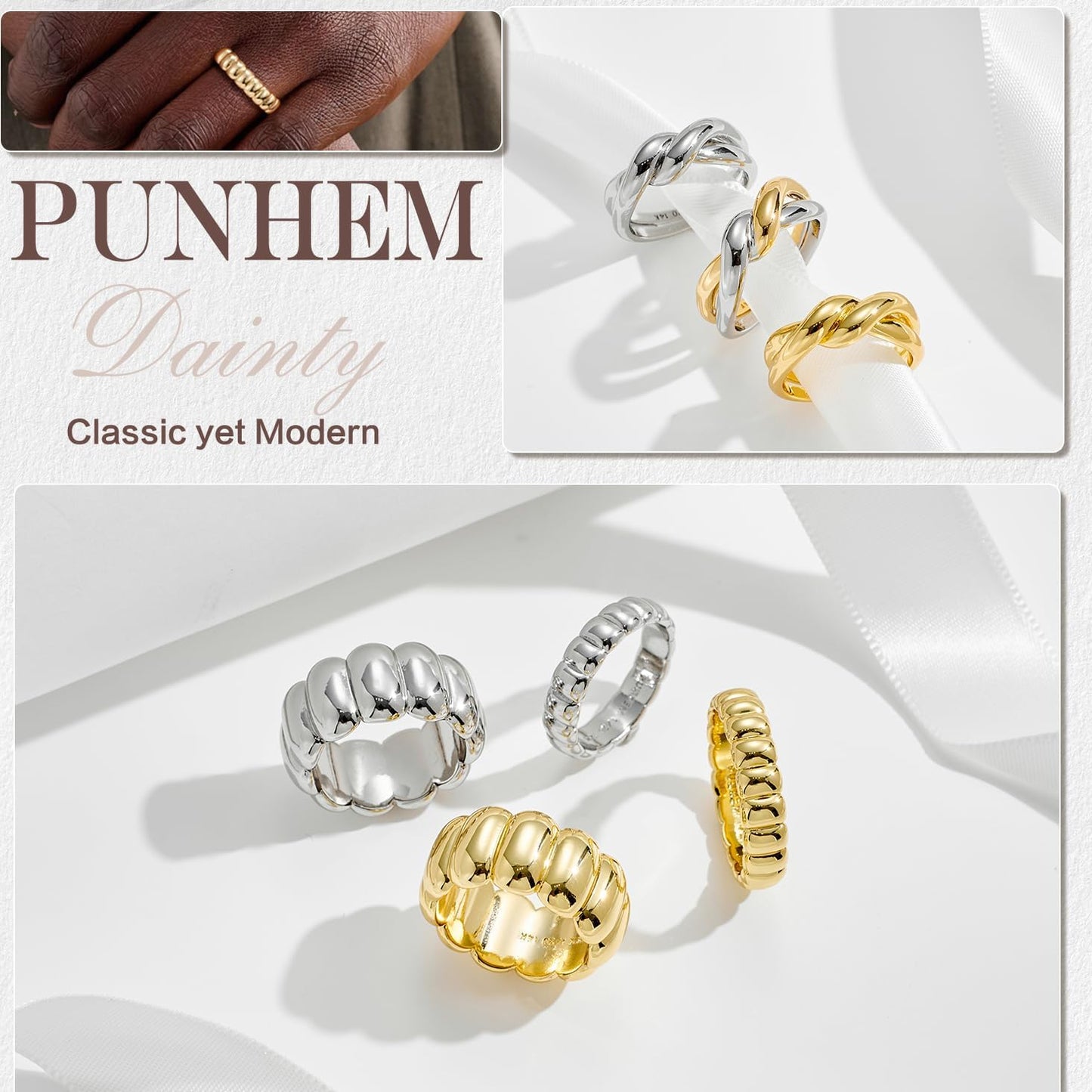 Punhem Chunky Gold Statement Rings for Women 14K Gold Silver Tone Non Tarnish Cute Puffy Dome Croissant Thumb Band High Polished Smooth Comfort Fit Size 5-10