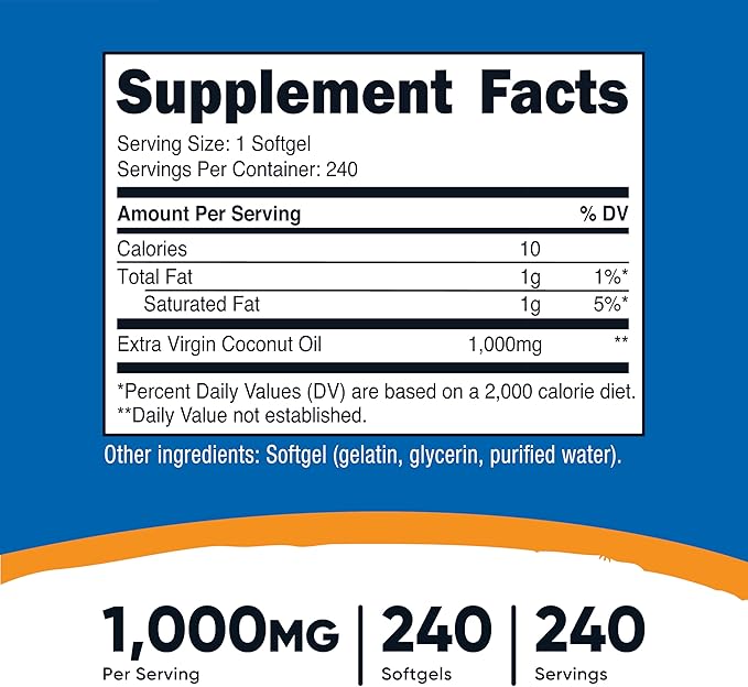 Nutricost Coconut Oil Softgels (1000mg) 240 Softgels - Extra Virgin Coconut Oil - Gluten Free and Non-GMO