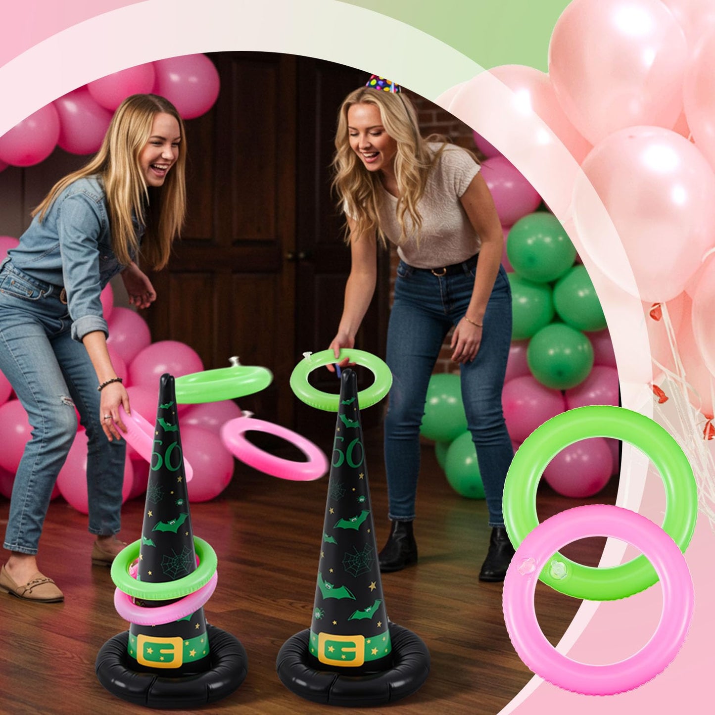 Leitee 10 Pcs Inflatable Witch Hat Ring Toss Game Set Carnival Pink and Green Inflatable Ring Toss for Witch Themed Birthday Party Decoration Indoors Outdoors(Macabre)