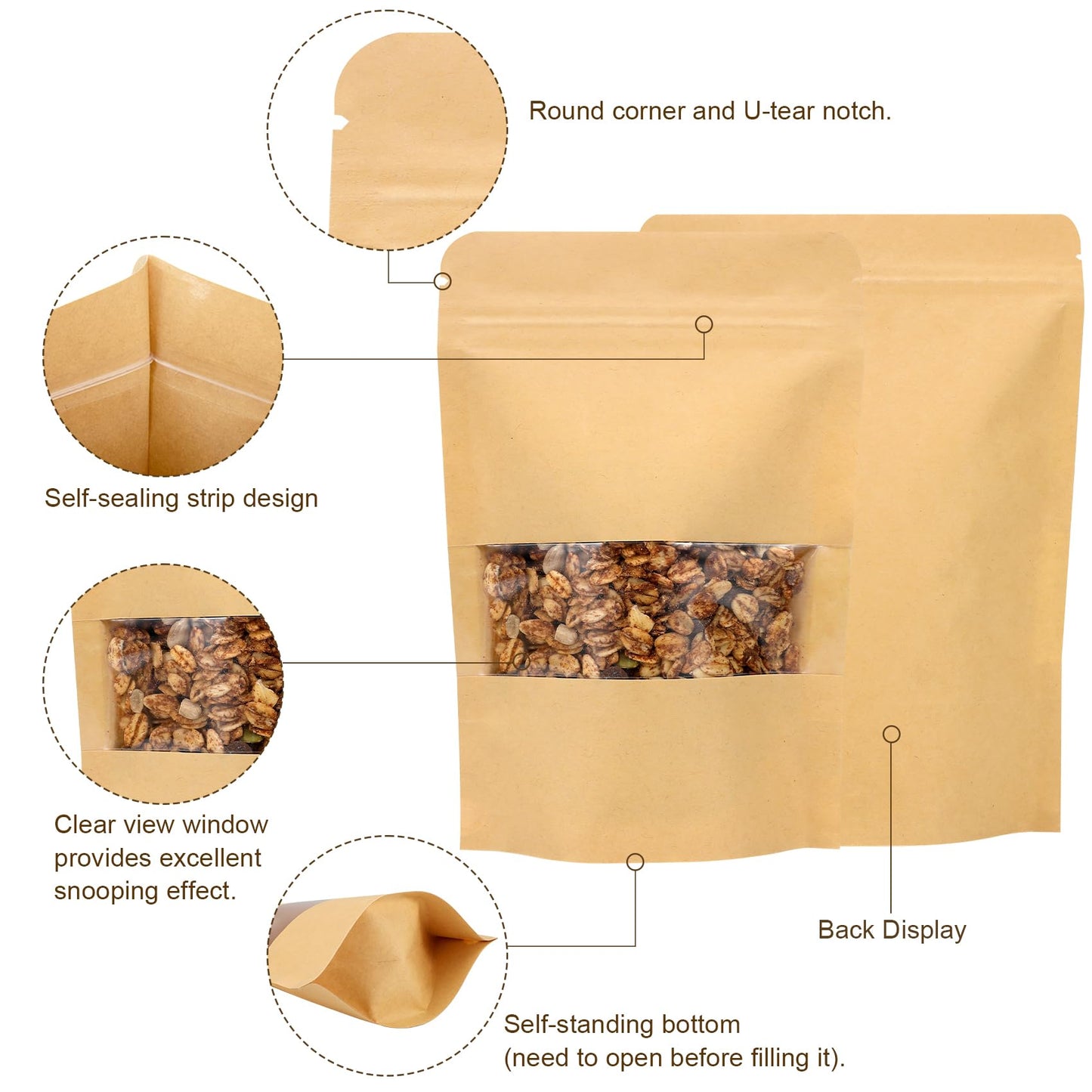 Blisstime 50 Pack Kraft Paper Stand Up Pouch Bags, Resealable Bag with Transparent Window and Tear Notch for Multipurpose Storage (5.5 X 7.9 Inches)