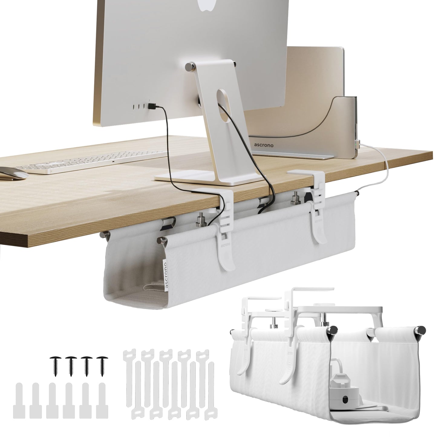 Ascrono Original No Drill Under Desk Cable Management Tray 27.3" - Premium White Fabric Cable Management Under Desk - Clamp/Screw Mount Cord Organizer - Supports Upto 66lbs
