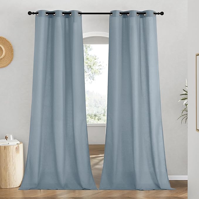 NICETOWN Linen Curtains for Windows 90 inch Long, Grommet Semi Sheer Vertical Drapes Privacy Added with Light Filtering for Doorway/Living Room, Stone Blue, W42 x L90, 2 Pieces