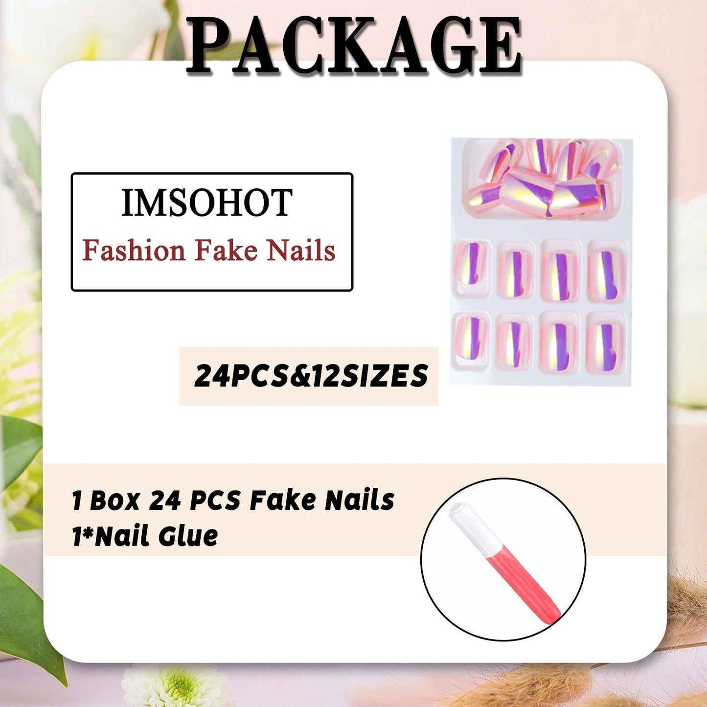 IMSOHOT Pink Laser Press on Nails Short Square Fake Nails Glossy Aurora Full Cover Cute Squoval Acrylic False Nails Chrome Suqoval Stick on Nails for Women Girls 24Pcs