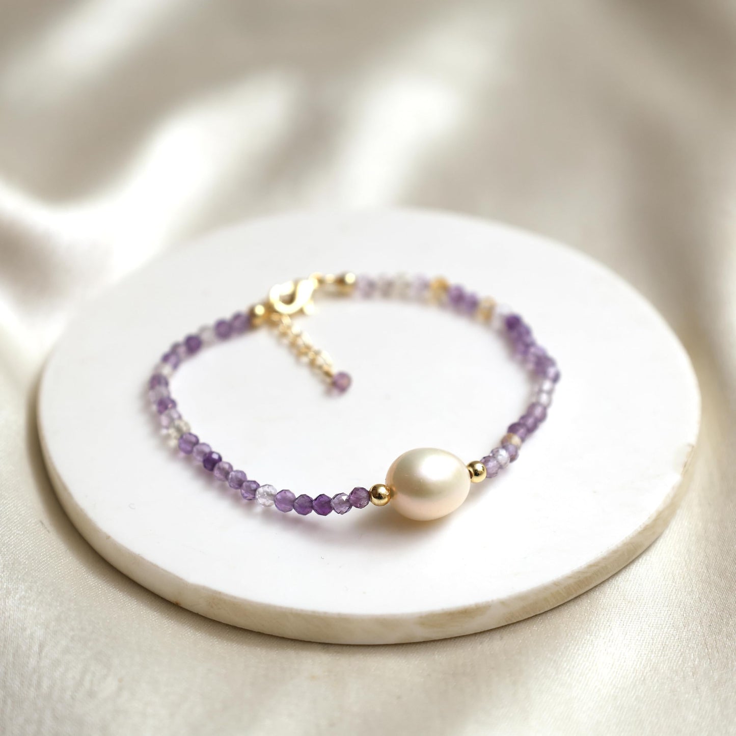 Gempires Ametrine Bracelet for Women Handmade Natural Ametrine Crystal Beads 14k Gold-Plated Stackable Boho Jewelry Healing Energy Gemstone Hypoallergenic Birthstone Gift