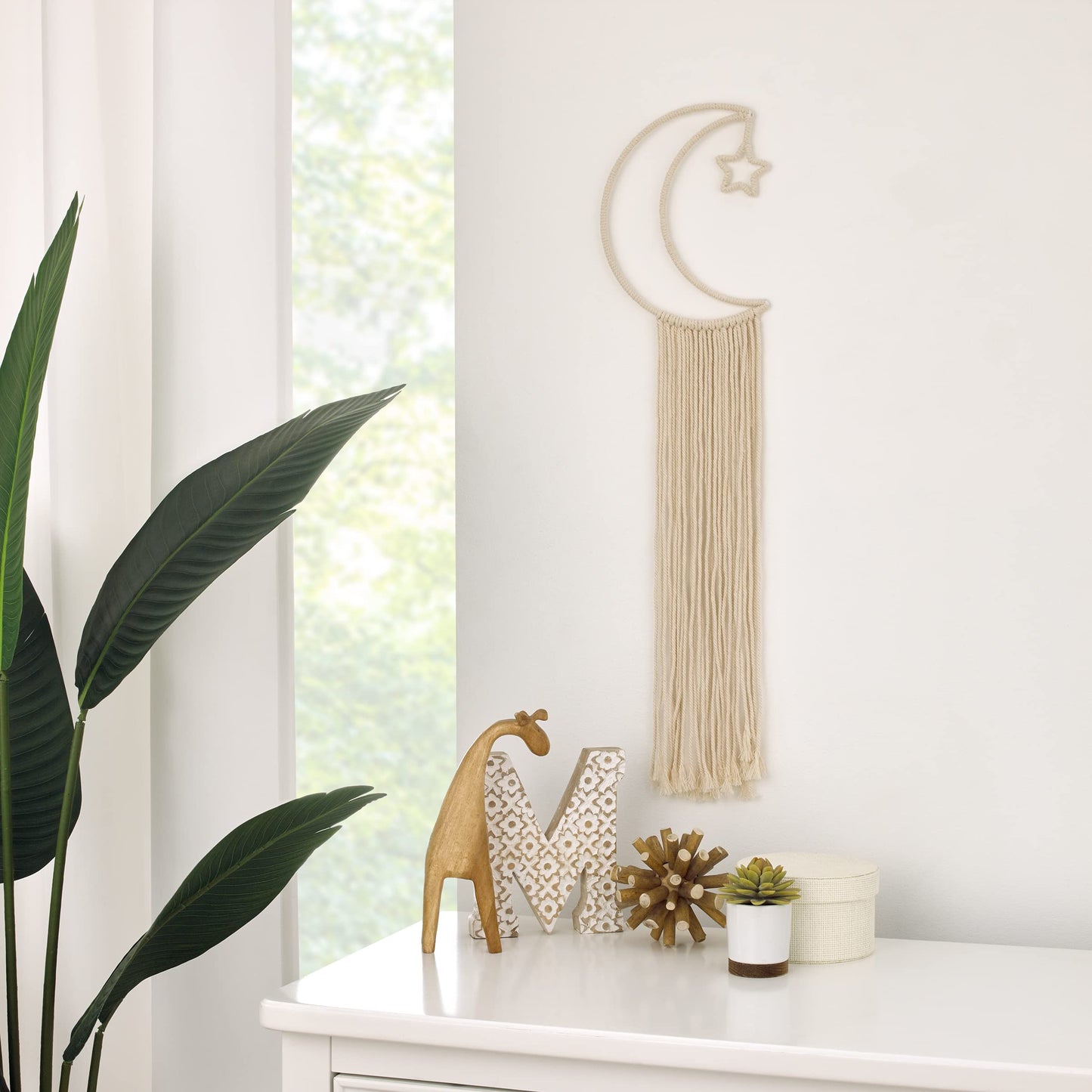 NoJo Little Love Natural Ivory Macramé Moon Shaped Wall Décor with Fringe, 18" Long