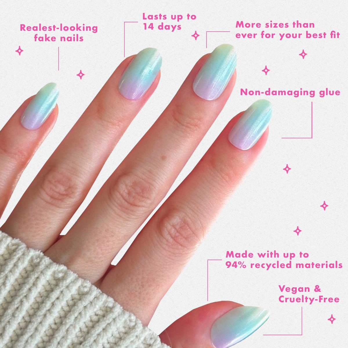 Olive & June Instant Mani Press-On Nails (Glue) | 42 Fake Nails, 21 Sizes | Non-Toxic Long-Lasting Recycled Materials Realistic Look | Salon-Quality | Medium, Oval | Iridescent Pearl Swirl Shimmer