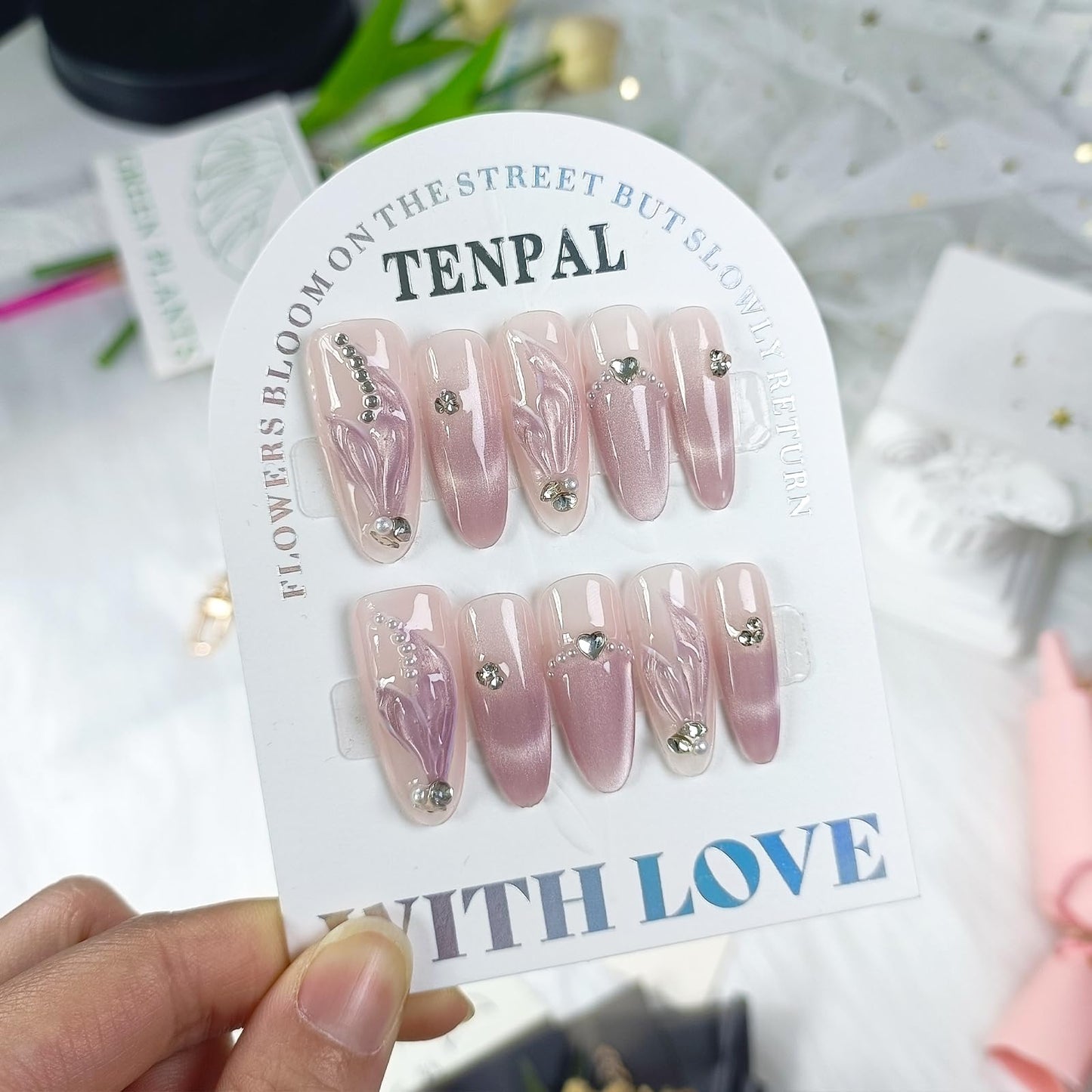 TENPAL Gradient Purple Press on Nails Long Almond,Cat Eye Mermaid Tail Designs Fake Nails,Detachable Acrylic Glitter False Nails with Tools,Handmade Glossy Artificial Glue on Nails,Medium Size