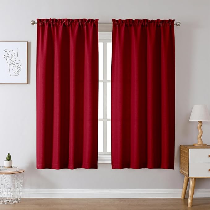 Chyhomenyc Christmas Red Curtains 63 Inch Length 2 Panels, Faux Linen Textured Light Filtering Soft Airy Rod Pocket Window Treatment Drapes for Living Room Bedroom, 40Wx63L Inch, Set of 2