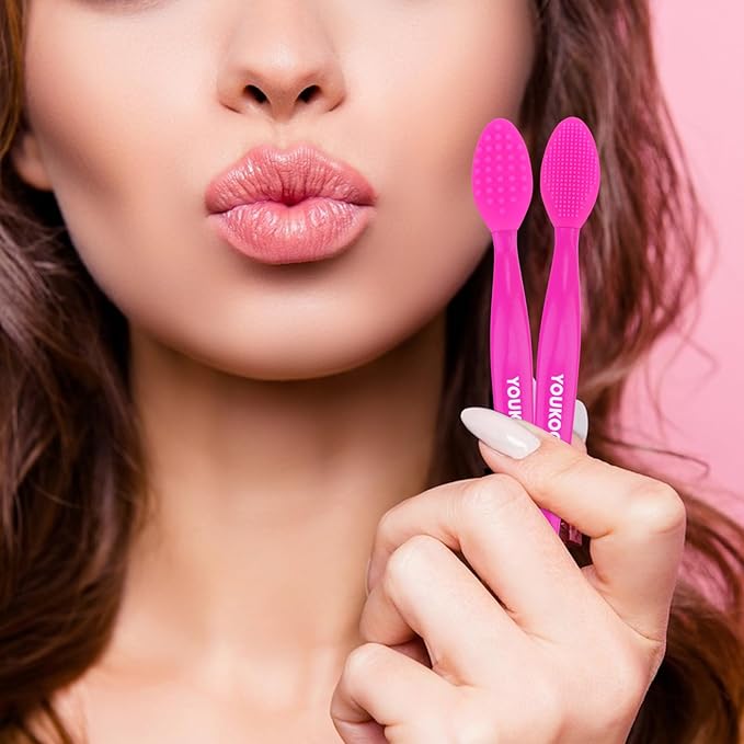 Lip Scrub Brush,Double-Sided Silicone Exfoliating Lip Brush Tool for Smoother and Fuller Lip Appearance,Fuchsia,2pcs