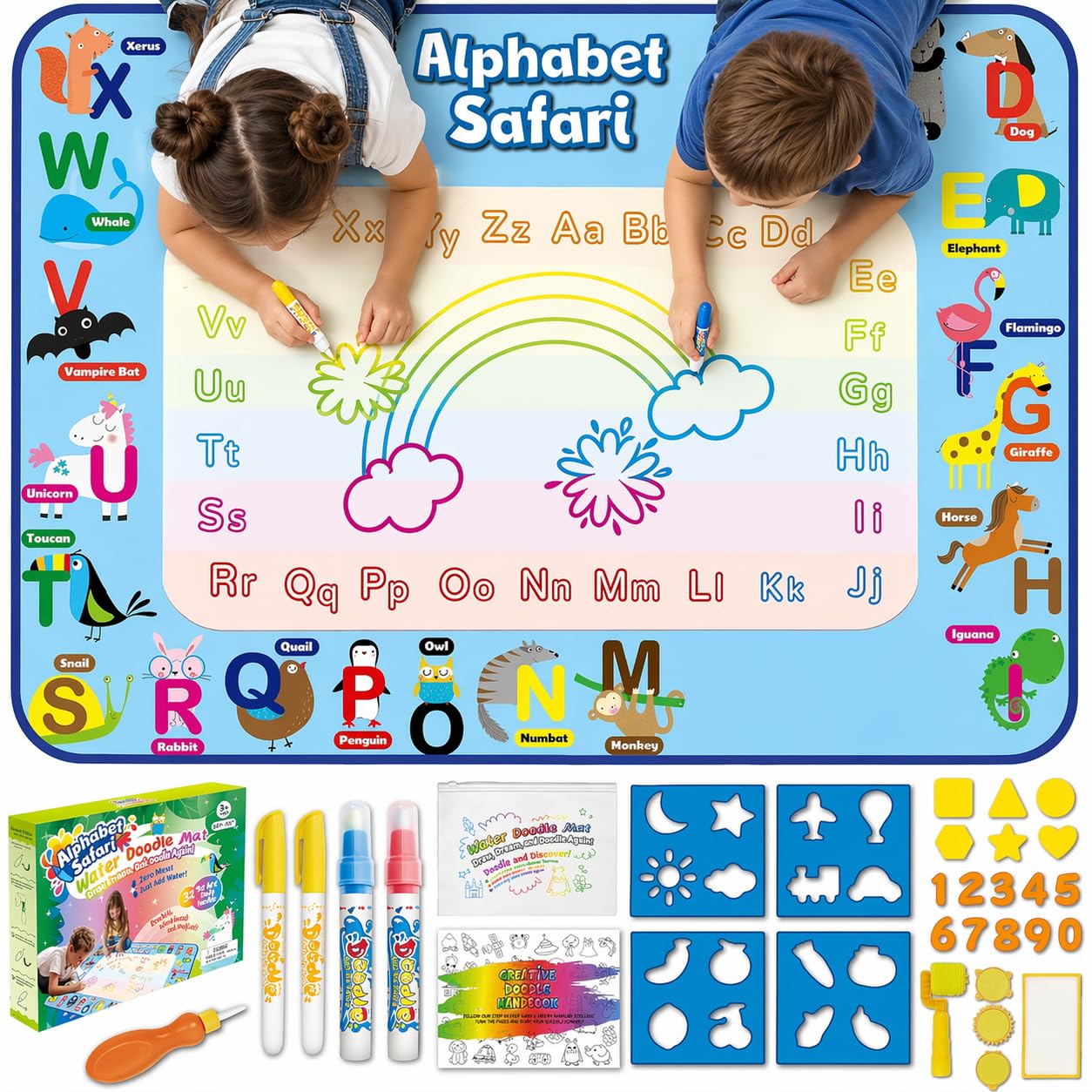 ANIMOLDS Water Doodle Mat for Kids, Large 40 x 32 Aqua Magic Reusable Drawing Mat, Mess Free Coloring & Writing Toy, Educational Gift for Toddlers Boys Girls