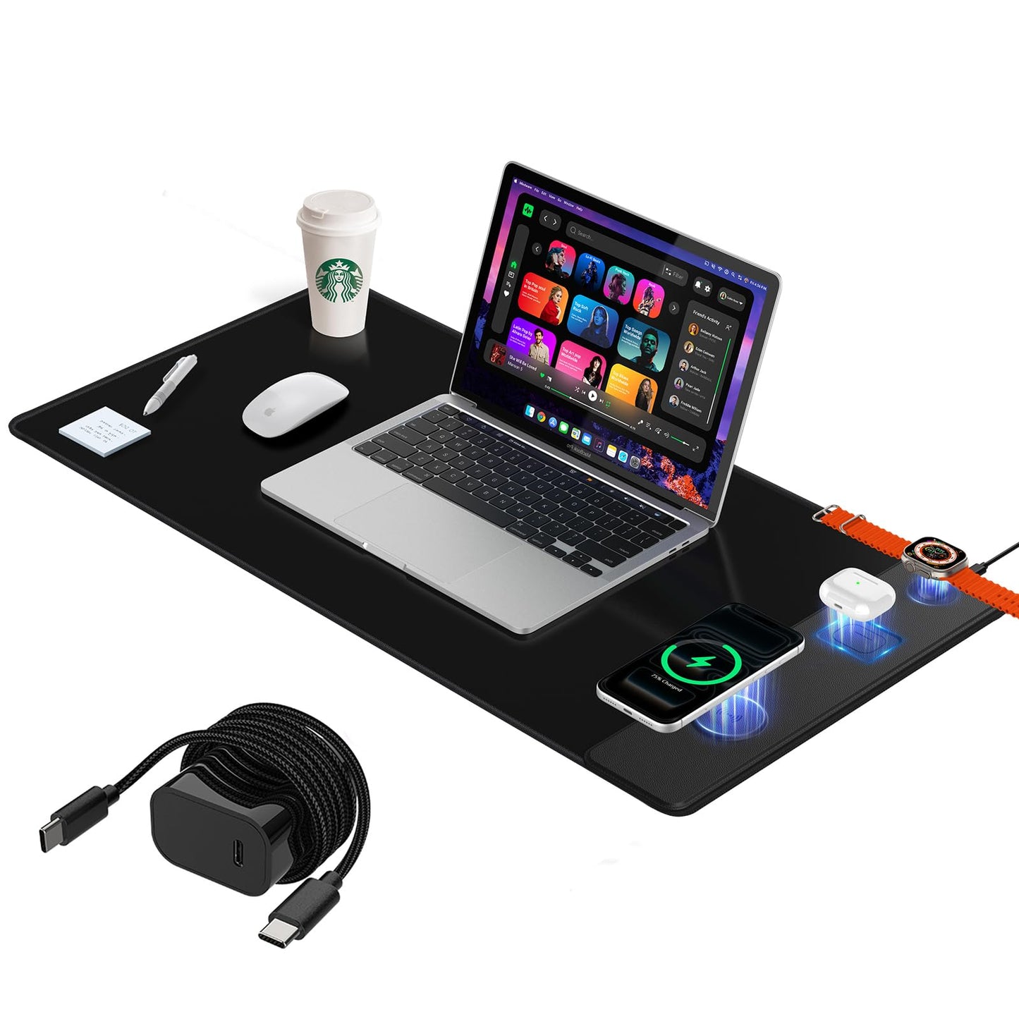 Mouse Pad with Magnetic Wireless Charging, Large Desk Mat, Non-Slip Mouse Mat, Keyboard Pad for Gaming, Desk, Office, PC (The Right Charging-Black with 20W PD Charger)