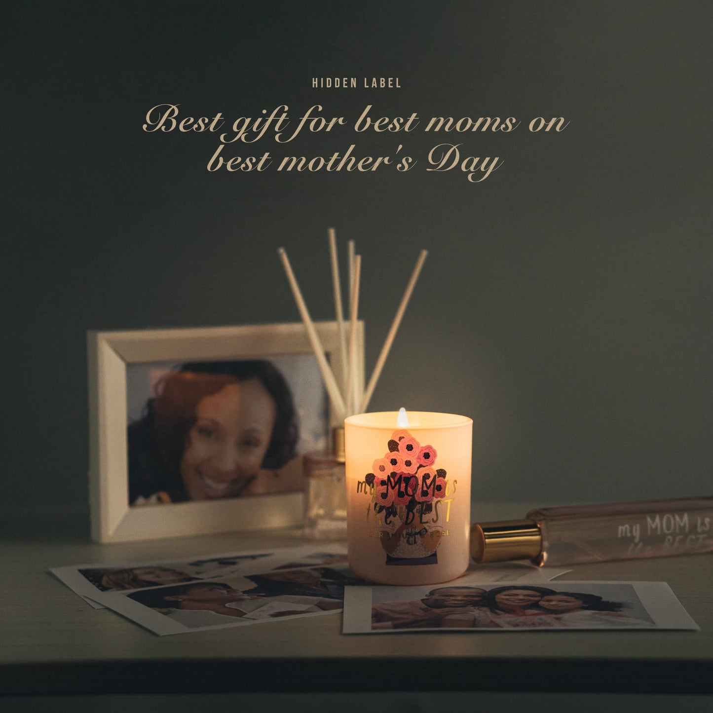 Hidden Label Soy Candle Set: Geranium & Rose 'Best Mom' Gift with Reed Diffuser & Room Spray