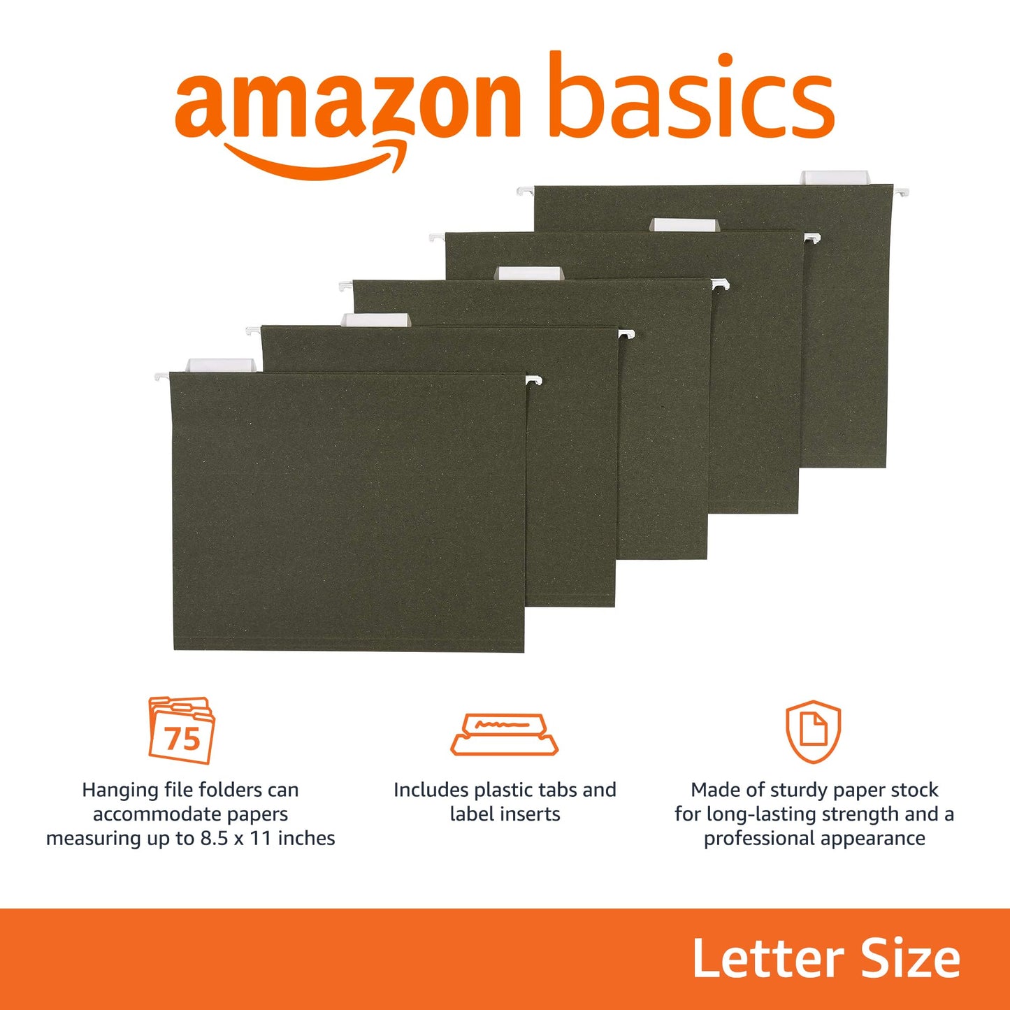 Amazon Basics Hanging File Folders for Documents, Letter Size, 1/5-Cut Adjustable Tabs, Standard Green, 75 Count per Box