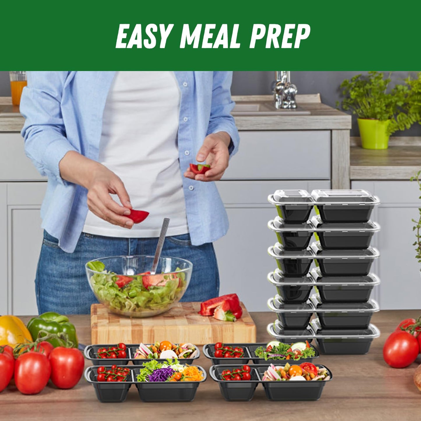 Dealusy 50 Pack (100-Piece) 28 oz Meal Prep Containers Reusable with Lids 2-Compartment, Sturdy Leakproof Food Safe, Microwave Freezer Dishwasher Safe, To Go Take Out Plastic Food Storage, Black