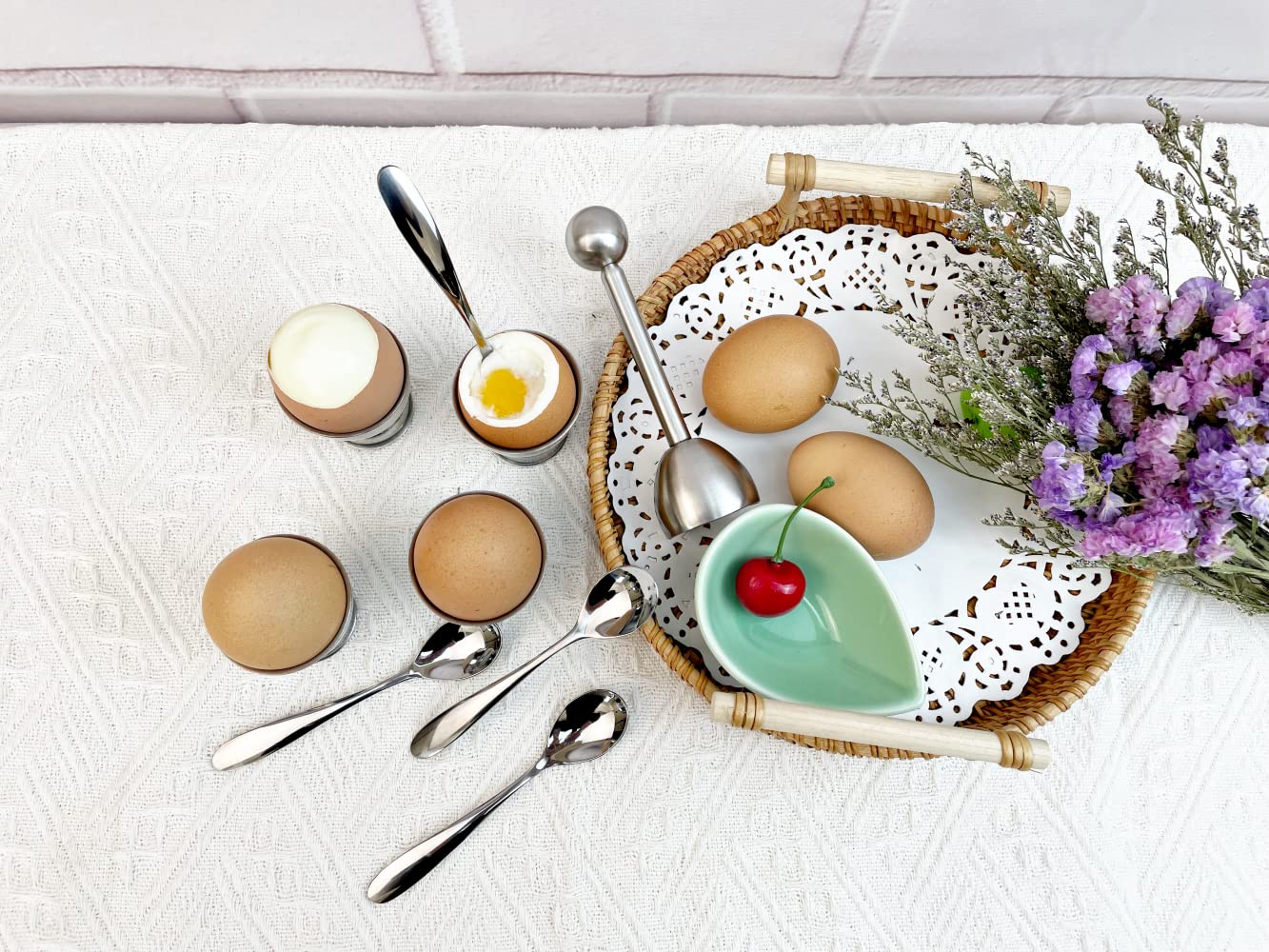 10 Pcs Egg Cups for Soft Boiled Eggs, Jawbush Egg Cracker Topper Set for Raw Hard Boiled Eggs, 4X Egg Spoons, 4X Egg Cups, 1x Magnet Egg Piercer, 1x Stainless Steel Egg Topper Egg Guillotine