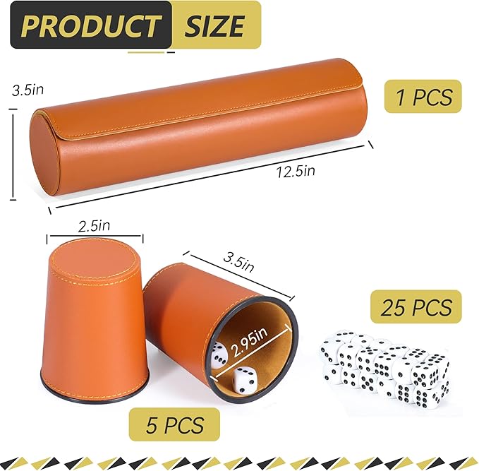 Leather Dice Cup Set, 5 Black Dice Cups + 25 Dices + Exclusive Storage and Transport Case Made of Faux Leather (Orange)