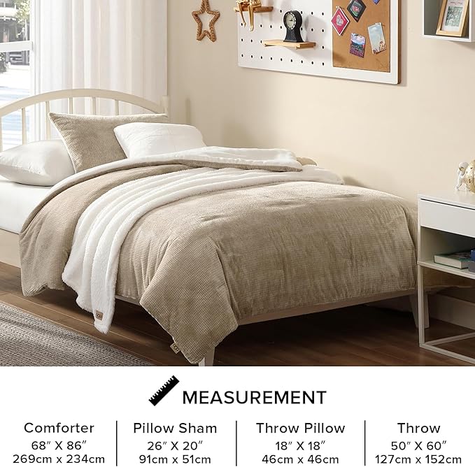 UGG Remina Twin Comforter Set 4 Piece Bed in a Bag with Throw Blanket, Decorative Pillow Sham and Reversible Comforter Hypoallergenic Washable College Dorm Bedding, Twin XL, Brown Birch