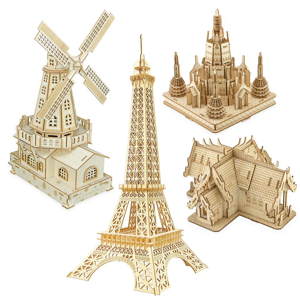Bitopbi 3D Wooden Puzzles Laser Engraving DIY Safe Assembly Constructor Kit Toy for Teens and Adults, World Famous Buildings Mechanical 3-D Models for Self-Assembly (C2 Dutch Windmill)