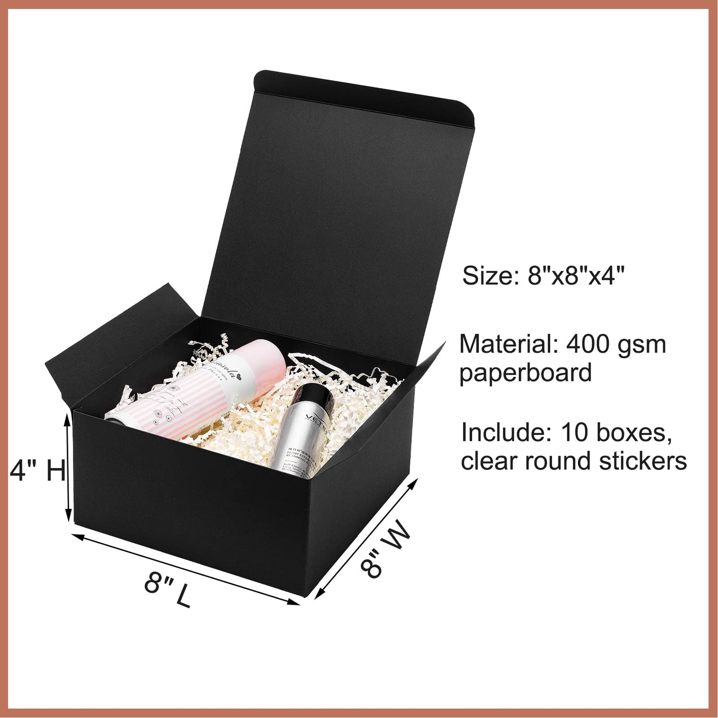 Mcfleet Black Gift Boxes with Lids 8x8x4 Inches 10 Pack Groomsmen Proposal Cardboard Craft Small Gift Box for Christmas, Wedding, Graduation, Holiday, Birthday Presents Packaging