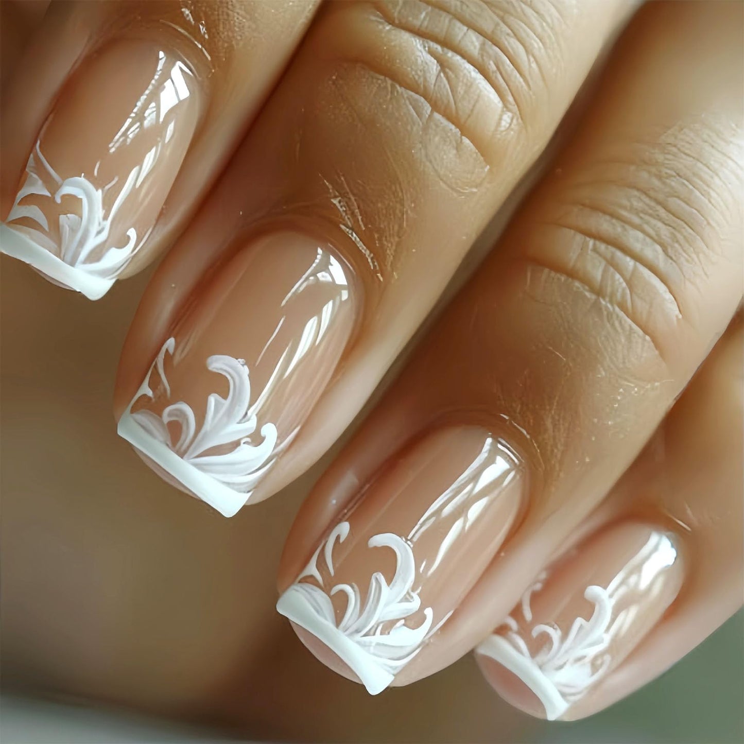 Medium Press on Nails Square Fake Nails with White Flower Designs Glossy Nails Press ons Nude Glue on Nails Cute Acrylic Nails Artificial Stick on Nails for Women 24Pcs