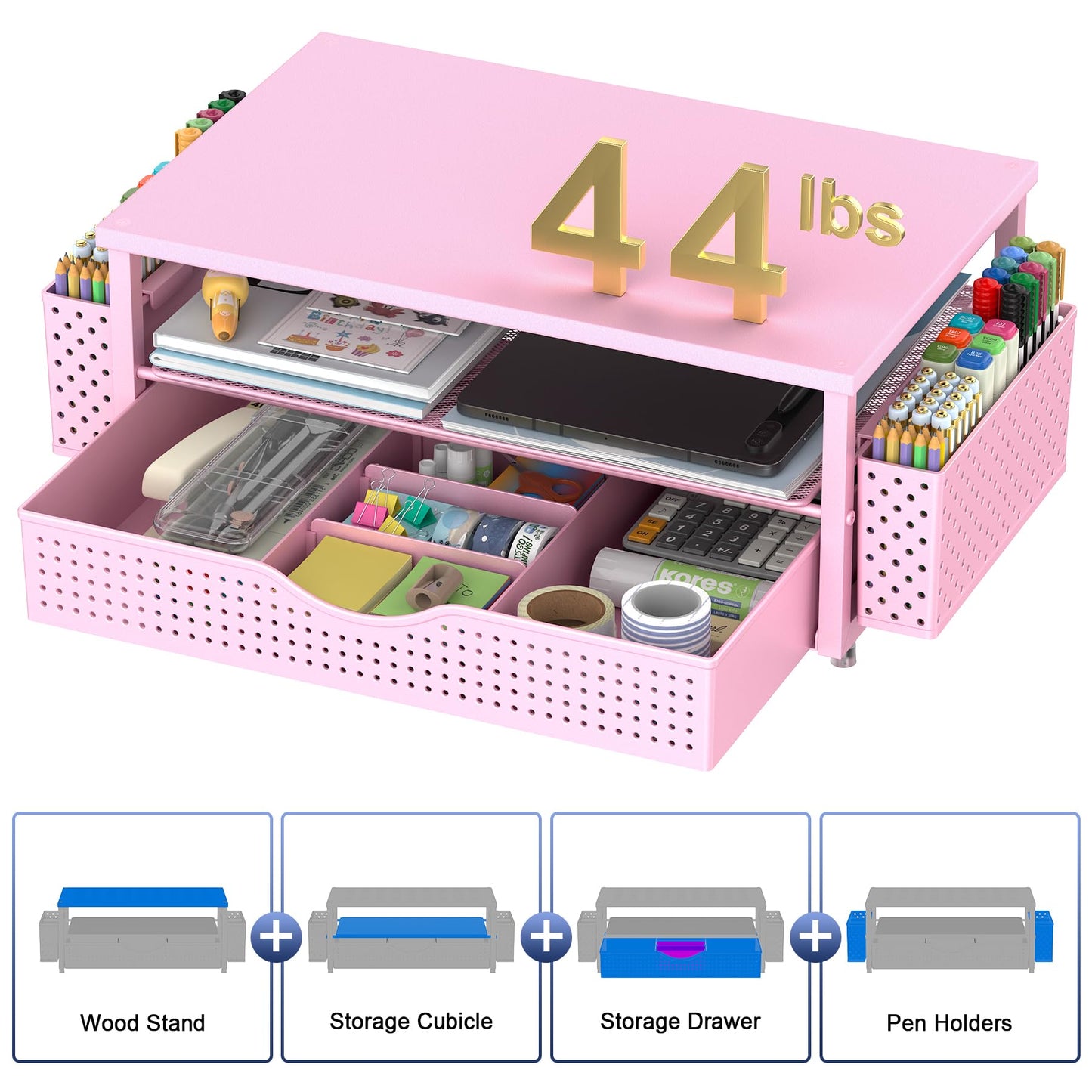 Spacrea Desk Organizer and Accessories, Computer Monitor Stand Riser with Drawer and 2 Pen Holders, Office Desk Accessories & Workspace Organizers for Office Supplies (Pink)