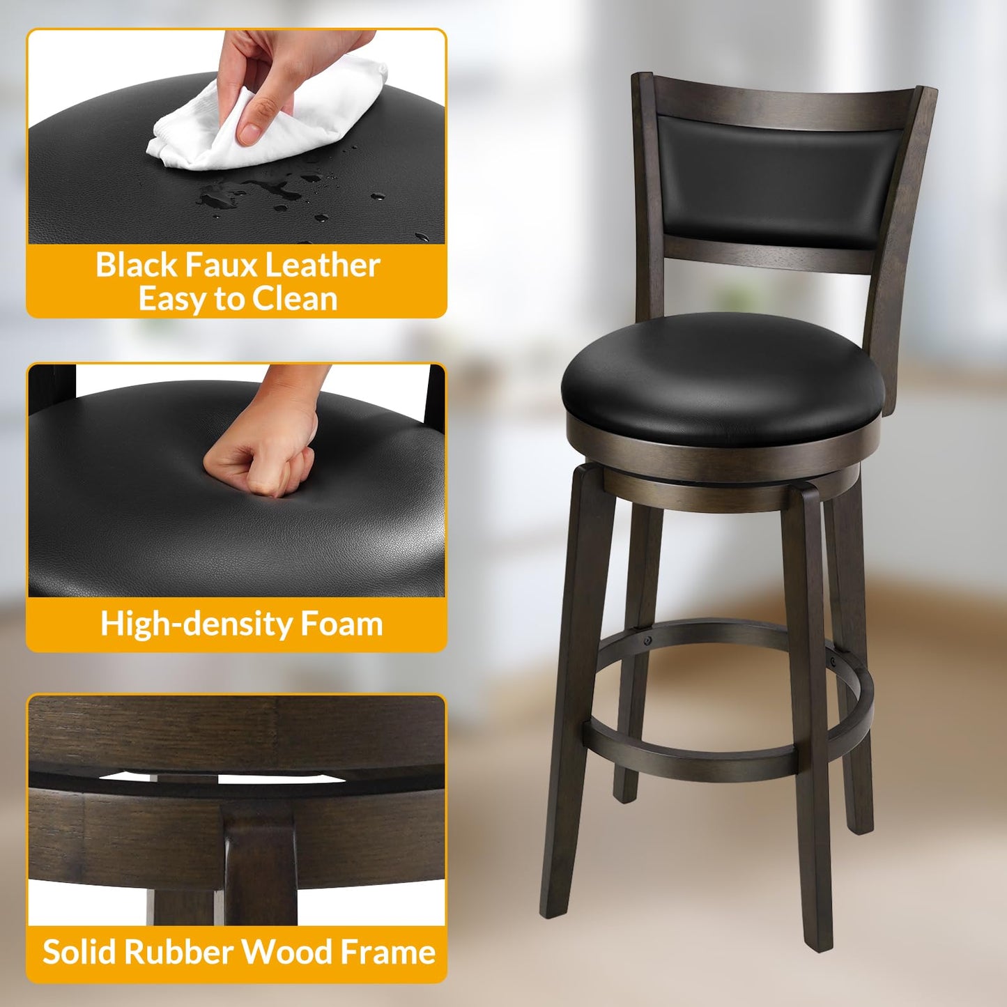 PrimeZone Swivel Bar Stools Set of 2, 24 Inch Counter Height Barstools, Black Faux Leather Bar Stool with High Backrest & Solid Wood Legs & Wrap-around Footrest, Counter Stools for Kitchen Island, Pub