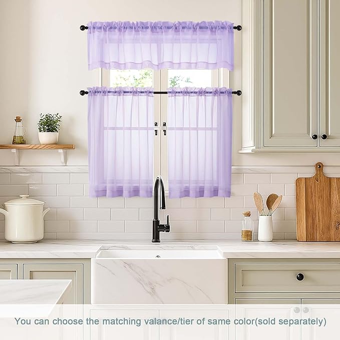 Small Sheer Curtains 2 Panels Set, Kitchen Curtains 36 Inch Length, Elegant Light Filtering Short Window Drapes for Living Room Bedroom, Dual Rod Pocket Design, Lavender, 2x42Wx36L Inches