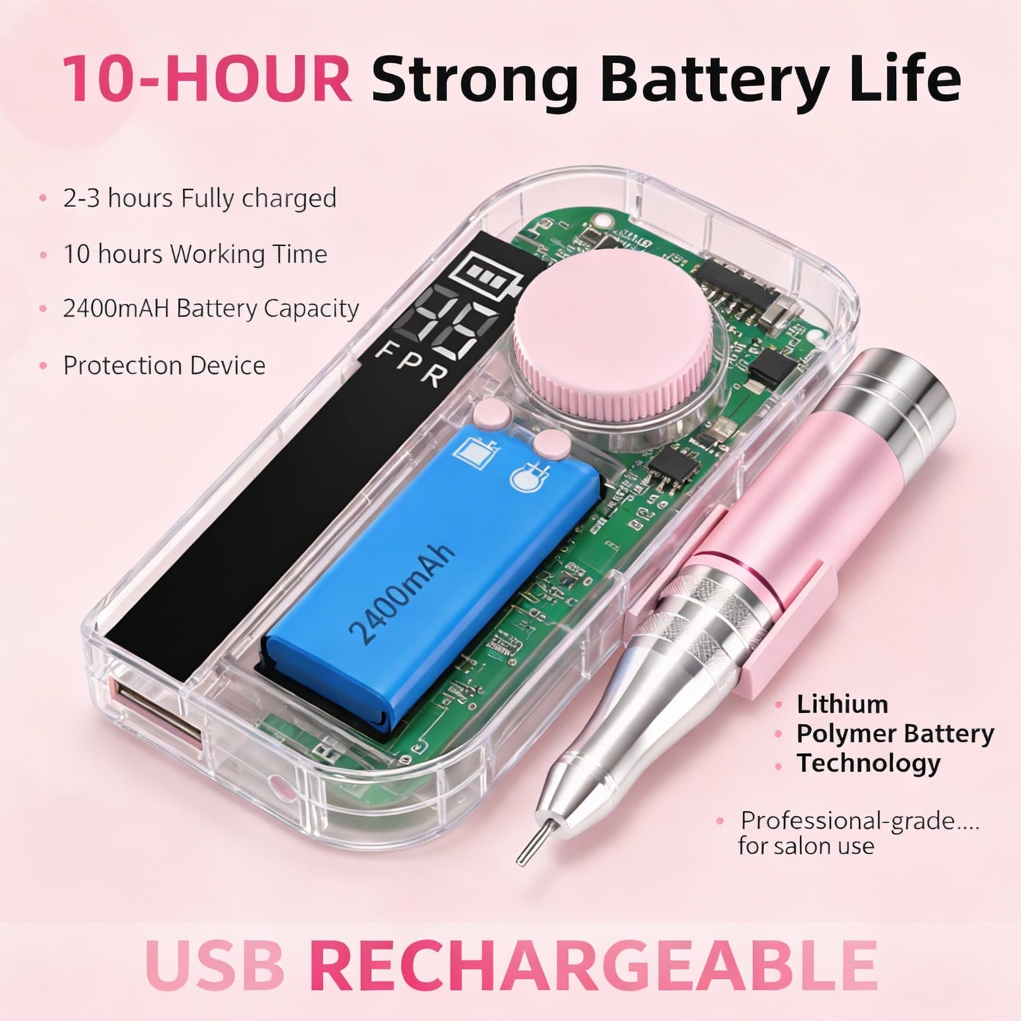 Electric Nail Drill 40000 RPM, Portable Rechargeable E-File Kit with 2400mAh Battery, LCD Display, 6 Bits & Sanding Bands for Acrylic/Gel Nails - Professional Manicure Pedicure Tool for Salon/Home