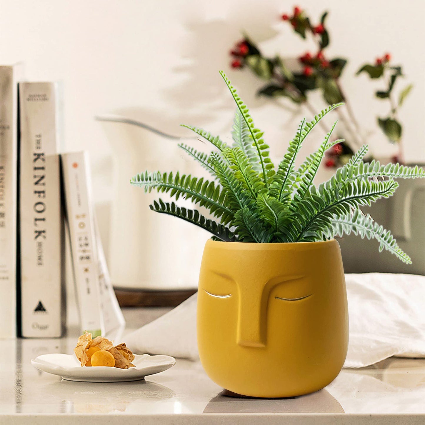 GeLive Head Succulent Plant Pot Ceramic Face Planter Modern Statue Flower Vase Windowsill Box with Drainage Hole Home Decoration Indoor Outdoor Container Gold Eyes (Yellow)