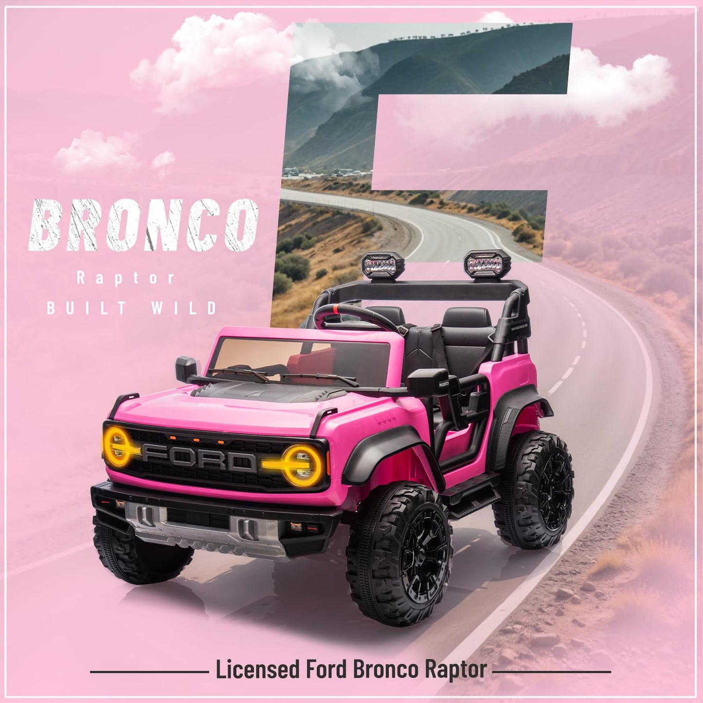 24V Ride on Toy for Big Kids,Ford Bronco Raptor 2 Seater Elecrtic Car for Kids with Remote,Battery Powered Car 4 Wheels with Spring Suspension,LED Light,Bluetooth,3 Speeds(24V, Pink)