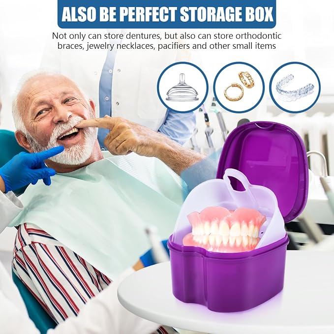 2 Pack Colors Denture Bath Case Cup Box Holder Storage Soak Container with Strainer Basket for Travel Cleaning (White and Purple)