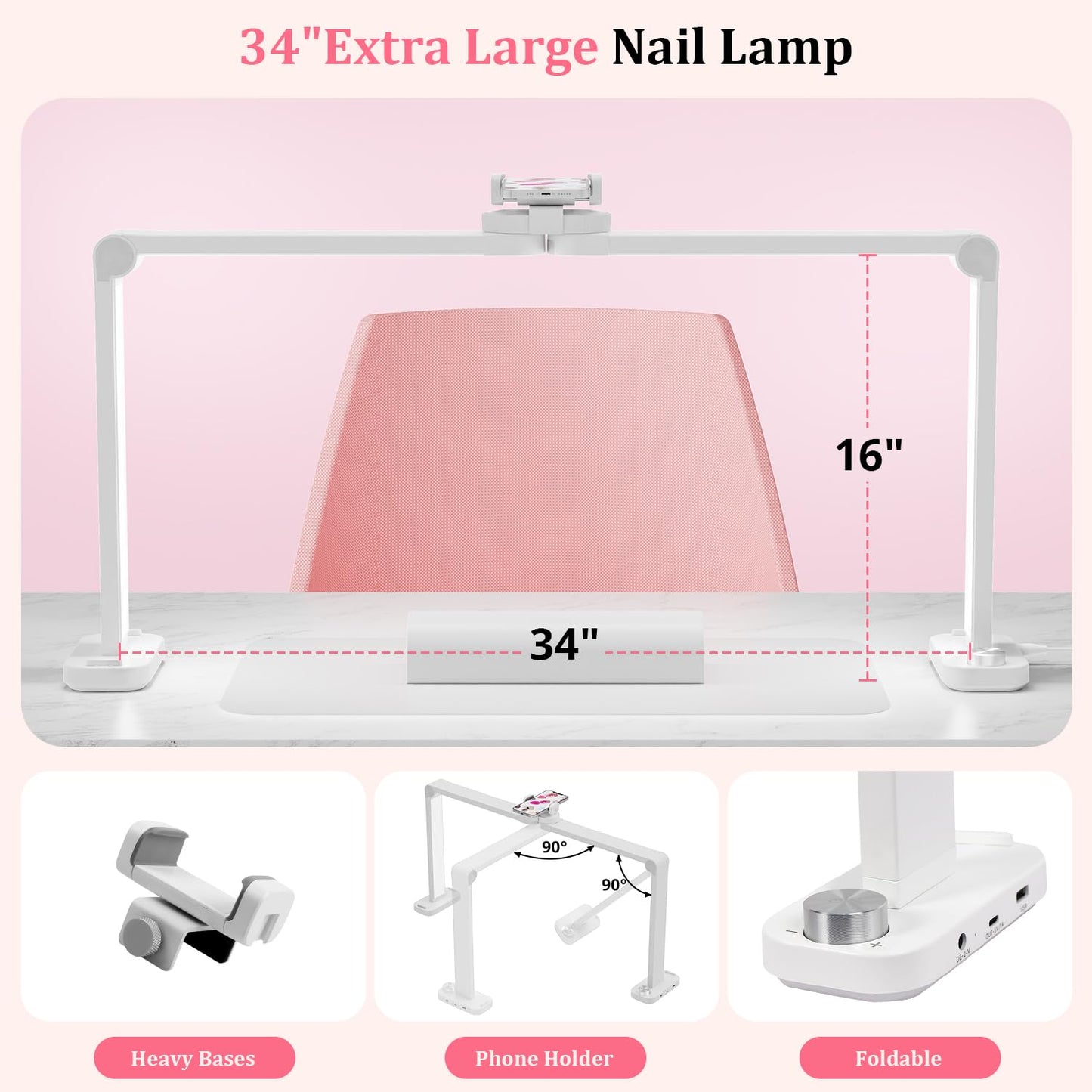 iVict Nail Desk Lamp, 34" Nails Tech Light with Phone Stand, 0-100% Adjustable Brightness, 3000K-6000K Color Temperature Led Desk lamp for Nail, Tattoos, Eyebrows, Beauty