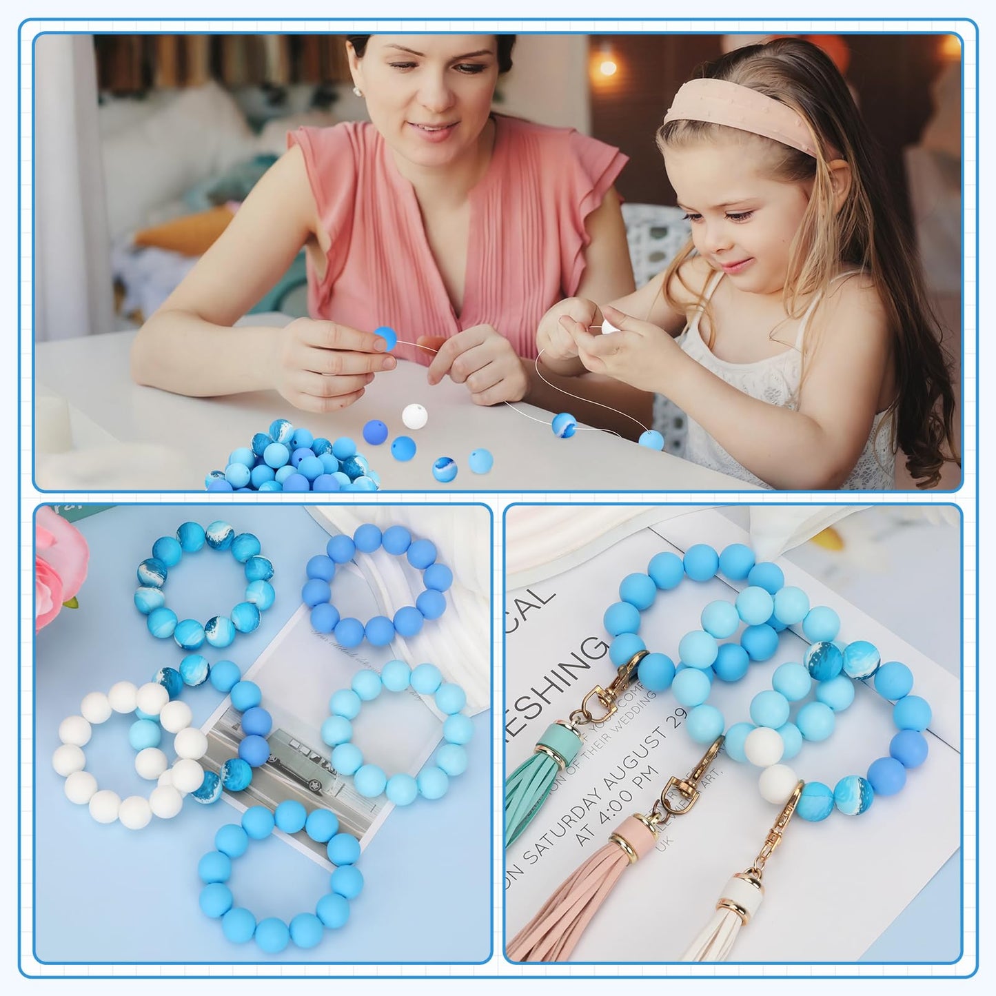 SALUOKE 100 Pcs 15mm Silicone Beads for Keychain Making, Pink Gream Silicone Beads Bulk Round for Bracelets Pens Crafts Jewelry Making (Blue White)