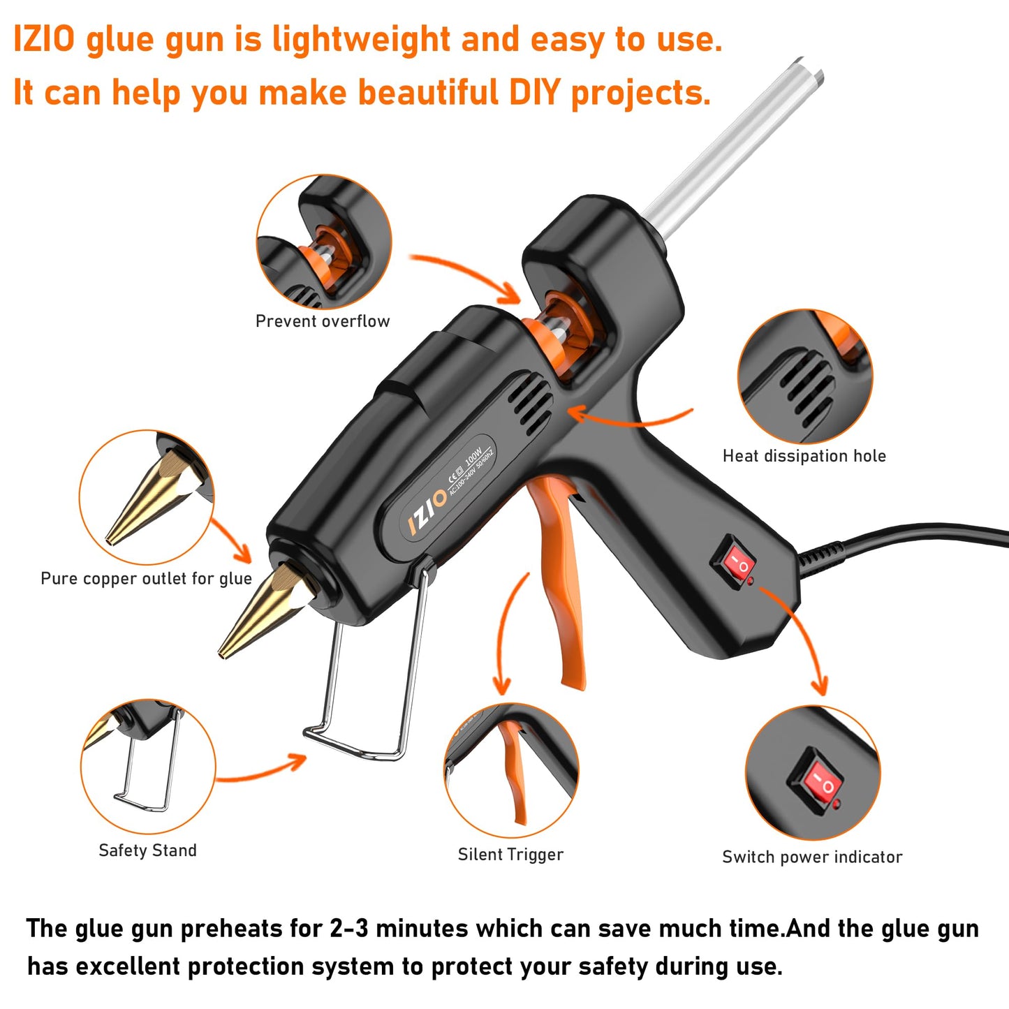 IZIO Hot Glue Gun with 21 Glue Sticks7/16") &Storage Pouch - 100W Fast Heating (2-3 Min), Heavy Duty DIY Starter Kit for Crafts, Fabric, Wood, Home Repairs,Non-Drip Precision Nozzle, ergonomic|Black