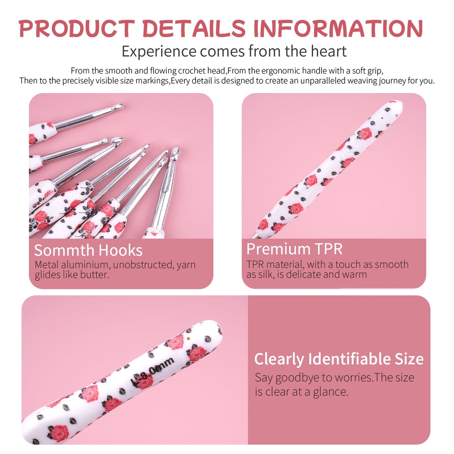 Weabetfu Crochet Hook Set 14Pcs Hand-Rubber Crochet Needles 2.25mm(B)-10mm(N) Streamline Crochet Hooks for Arthritic Hands Rose Metal Knitting Needles with Storage Case