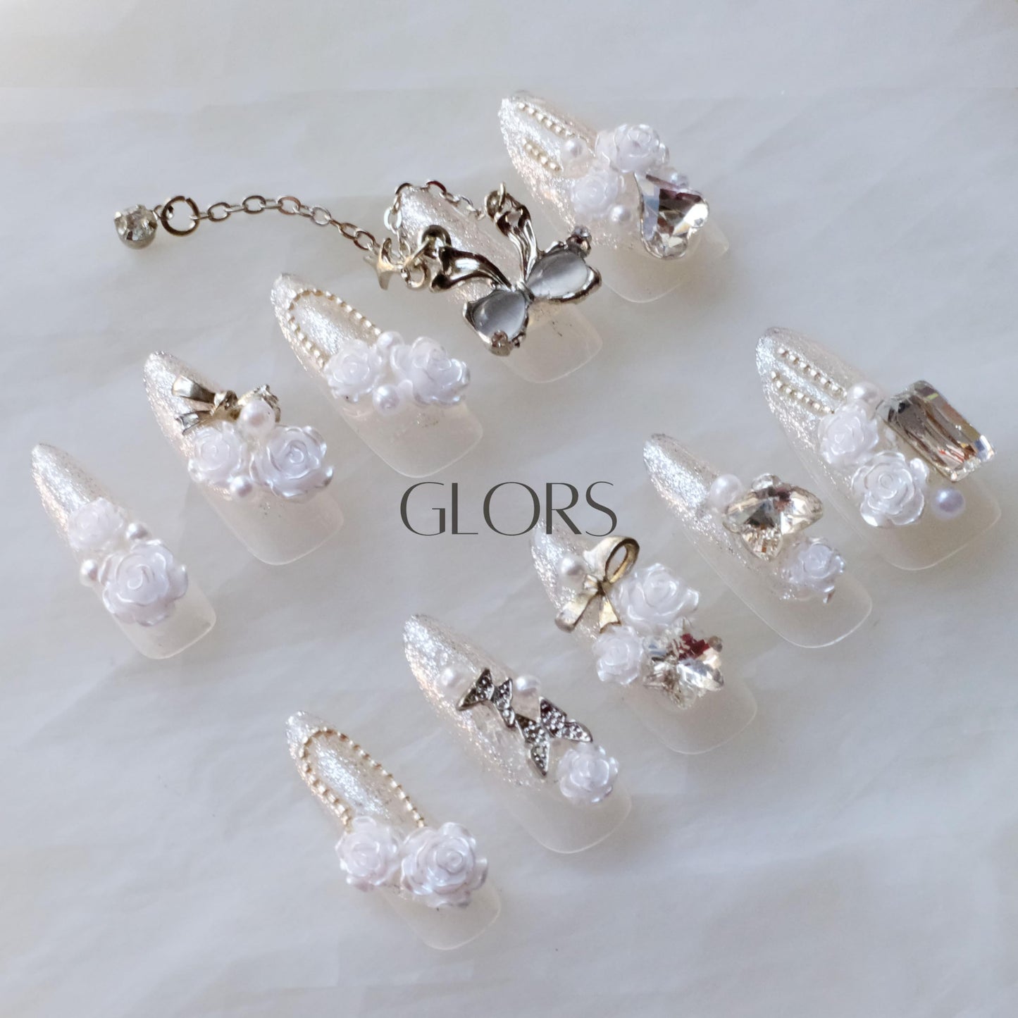GLORS Luxury Long Almond Press-On Nails, 3D White Roses with Silver Glitter, Pearl and Rhinestone Decorations, Handmade False Nail 10 Pieces (Small, LS)