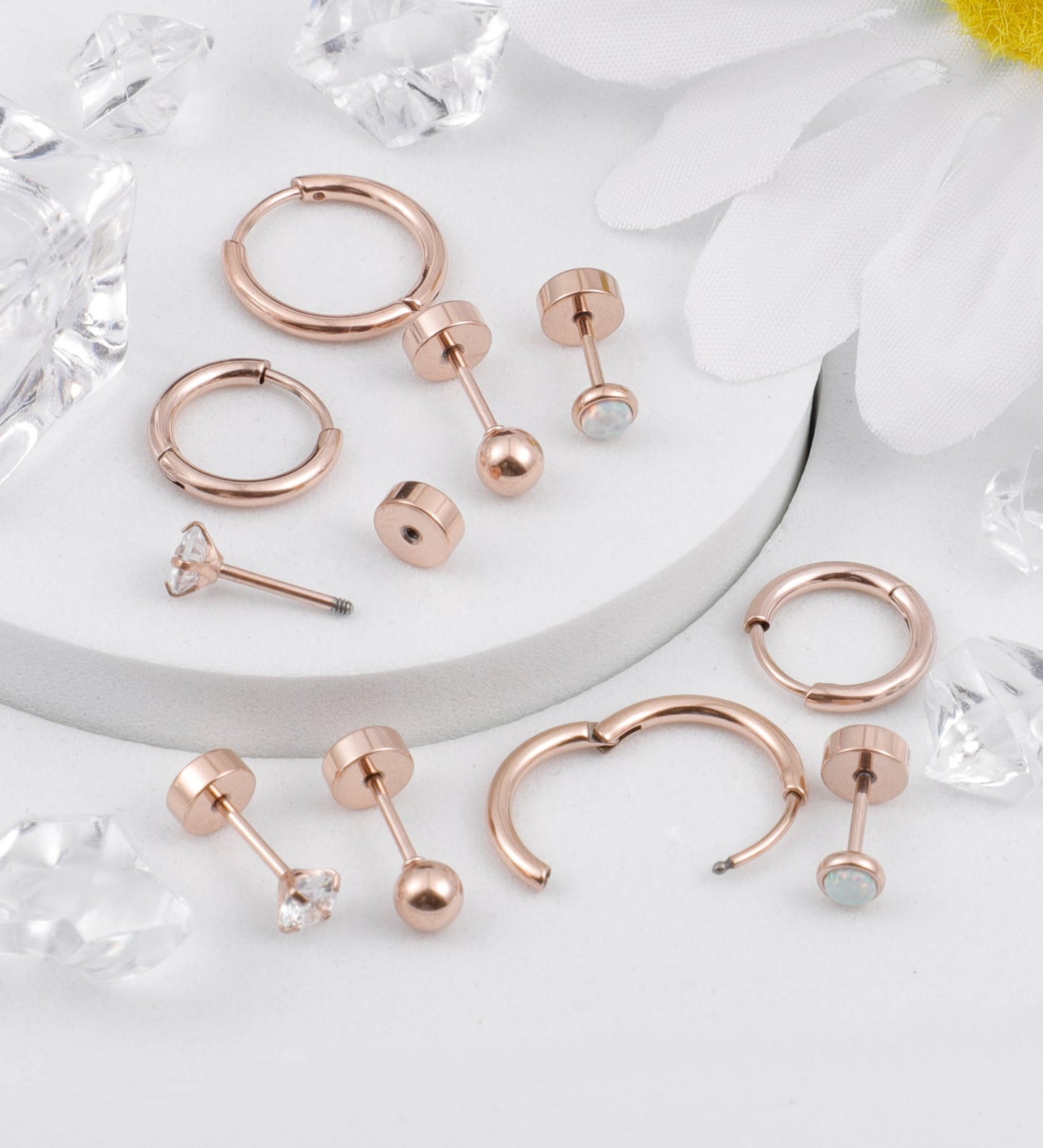 MJust Titanium Earrings for Sensitive Ears 20G Hypoallergenic Stud Hoop Earrings for Women Men Opal Ball CZ Heart Pearl Flat Back Earrings Cartilage Earrings Set