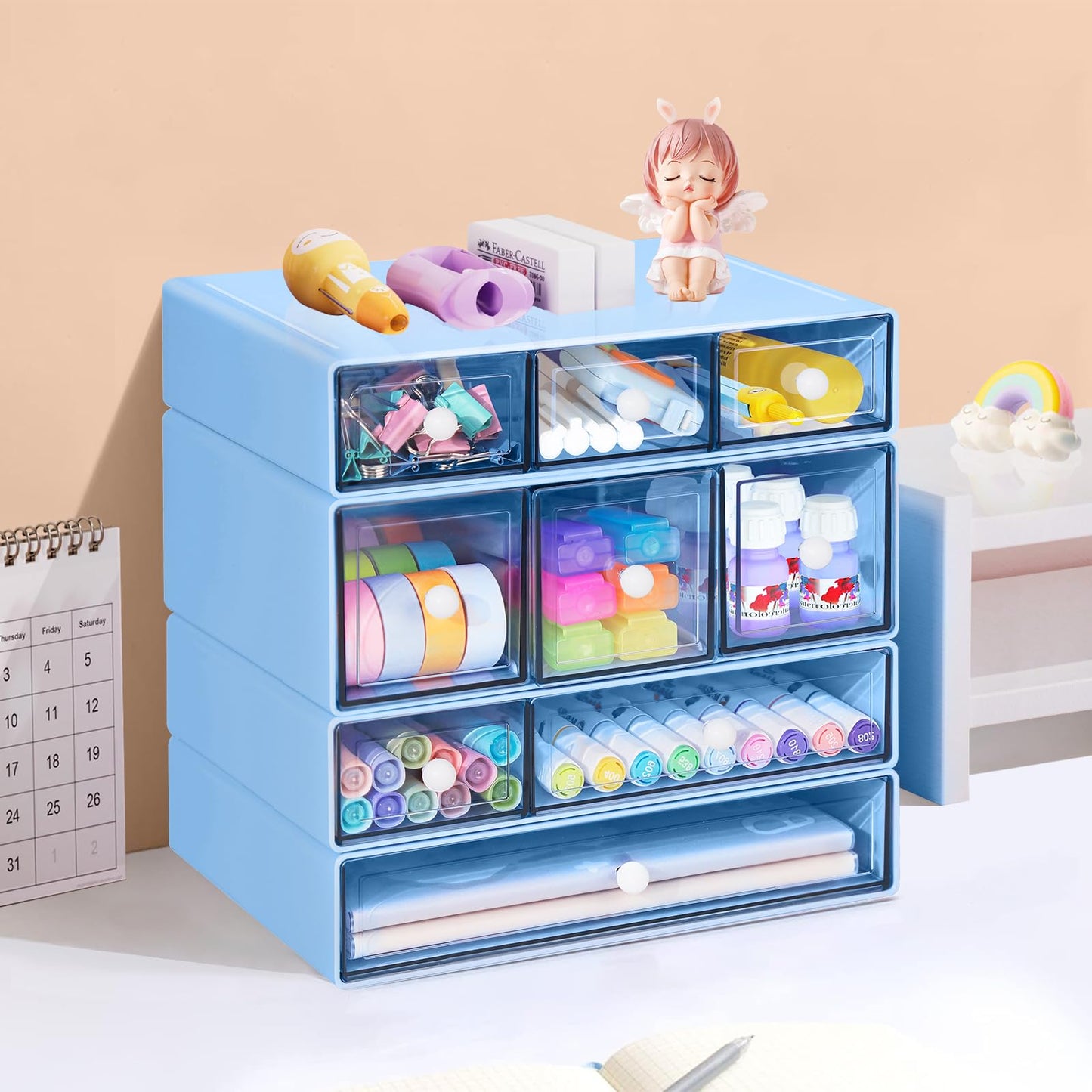 FODIENS Desk Storage Organizer with 9 Drawers, 4 Tiers Stackable Desktop Craft Storage Drawers, Clear Storage Box Caddy for Stationary Makeup Jewelry Office Craft Supplies (Blue)