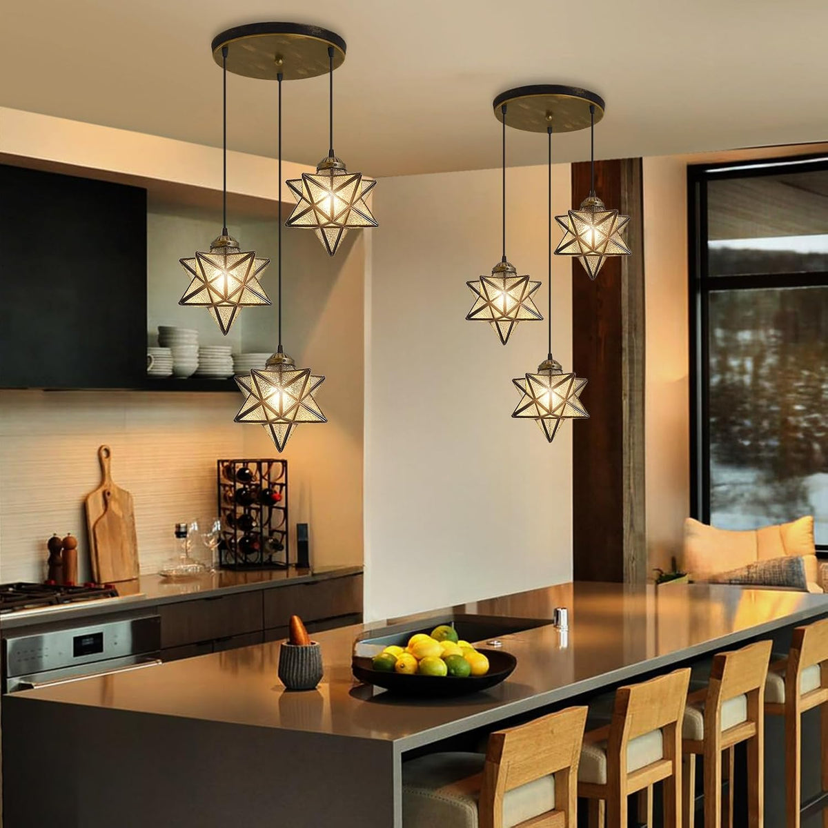 Glass Glam Chandelier Star Pendants Light Fixture Modern Elegant Ceiling Hanging Lights Included LED Warm Light Bulbs Oiled Bronze